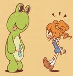  1girl brown_hair frog icon_(sugarless_yogurt) idolmaster idolmaster_(classic) kero_&amp;_koro_(colgen_kowa) overalls smile solo takatsuki_yayoi tongue twintails 