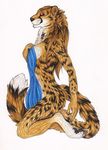  brown_fur cheetah covering digitigrade feline female fur hindpaw kitsune_nyx kneeling looking_at_viewer mammal nude paws plain_background red_eyes solo toes white_background 