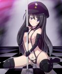  black_hair blush checkered checkered_floor crotch_cutout cuffs elbow_gloves gloves handcuffs hat heart_cutout leather long_hair necktie nyoka_al original peaked_cap pole_dancing purple_eyes solo thighhighs 