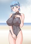  1girl bathing_cap beach blue_eyes breasts covering covering_crotch embarrassed erect_nipples genka_ichien hand_on_breast huge_breasts impossible_clothes nipples purple_hair sand see-through see-through_swimsuit solo swimsuit tokimeki_memorial tokimeki_memorial_only_love utsumi_koayu water wet 