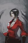  ada_wong black_hair bob_cut breasts cleavage cross cross_necklace jewelry lips medium_breasts narrator_(nobody) necklace nose resident_evil resident_evil_6 shirt short_hair sleeves_rolled_up solo unbuttoned 