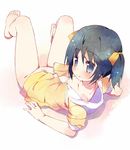  barefoot black_eyes black_hair bottomless collarbone full_body hair_ribbon hood hoodie legs_up lying meito_(maze) naked_hoodie navel no_bra on_back open_clothes open_hoodie original ribbon solo twintails unzipped white_background 