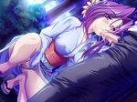  1girl blush cg chains cosplay_alien cum cum_in_mouth fellatio game_cg japanese_clothes kimono laylia long_hair oral penis purple_eyes purple_hair sandals uncensored 