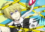  blonde_hair caution_tape durarara!! heiwajima_shizuo male_focus shiroyasha sign solo sunglasses vest 