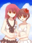  bikini breasts brown_hair cloud day expressionless flower hibiscus kawara_yun miyanaga_saki miyanaga_teru multiple_girls red_hair saki short_hair siblings sisters small_breasts smile swimsuit 