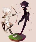  albino androgynous arrow bad_id bad_pixiv_id black_hair black_legwear bow_(weapon) enderman faux_figurine minecraft multiple_boys pants personification purple_eyes quiver red_eyes rooseputo_02 sepia_background shirt short_hair shorts skeleton_(minecraft) smile sparkle thighhighs weapon white_hair 