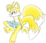  5_toes anthro balls blush canine clothing erection fakerface feets fox fox_tail hindpaw human_feet male mammal miles_prower multiple_tails pants paws penis plantigrade sega soles solo sonic_(series) tails toes 