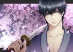  black_hair blue_eyes cherry_blossoms gintama japanese_clothes katana kimono male_focus over_shoulder shiroyasha solo sword sword_over_shoulder weapon weapon_over_shoulder 