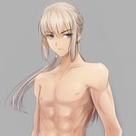  bedivere blue_eyes earrings fate/stay_night fate_(series) grey_background jewelry long_hair male_focus official_style ponytail purple_eyes shirtless simple_background solo tusia white_hair 