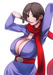  arms_up bangs belt breasts brown_eyes brown_hair carla_radames cleavage covered_nipples dress earrings huge_breasts jewelry mouth_pull no_bra red_scarf removing_glove resident_evil resident_evil_6 scarf sgk short_hair solo 