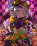  :d bat_wings blush boots brown_eyes candy chain checkerboard_cookie collar cookie cuffs fang food ghost ghost_hair_ornament gloves grey_hair hair_ornament hairclip halloween idolmaster idolmaster_cinderella_girls koshimizu_sachiko lollipop one_eye_closed open_mouth pointy_ears ruku_(ruku_5050) short_hair skirt skull smile solo striped striped_legwear swirl_lollipop tail thighhighs wings 