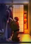  barefoot bita-one black_hair brown_hair dressing dressing_another emiya_kiritsugu fate/zero fate_(series) japanese_clothes kimono kotomine_kirei male_focus multiple_boys 