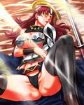  1girl absurdres armor black_panties breasts claudette_(queen's_blade) clawdette cleavage earrings green_eyes highres jewelry long_hair lying on_back orochi_(namashiba) panties queen&#039;s_blade queen's_blade red_hair solo spread_legs sword tommy_orochi underwear weapon 
