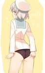  adjusting_clothes adjusting_swimsuit ass blush flying_sweatdrops from_behind glastonbury1966 green_eyes looking_back one-piece_swimsuit sanya_v_litvyak short_hair silver_hair simple_background solo strike_witches swimsuit swimsuit_under_clothes underwear world_witches_series yellow_background 