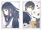  1girl anko_(w-anco) black_hair brown_hair card cat chitanda_eru dog green_eyes hyouka long_hair oreki_houtarou playing_card purple_eyes school_uniform serafuku short_hair stuffed_animal stuffed_toy 