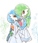  2girls alternate_color alternate_eye_color arm_around_waist bare_shoulders blue_dress blue_flower blue_hair blue_shirt closed_mouth clothed_pokemon cowboy_shot creatures_(company) dress female flower game_freak gardevoir gen_3_pokemon green_flower green_hair hair_over_one_eye hand_holding hand_up heart highres looking_at_another looking_at_viewer miniskirt muguet multiple_girls nintendo no_humans open_mouth orange_eyes pleated_skirt pokemon pokemon_(creature) shiny_pokemon shirt short_hair short_sleeves skirt sleeveless sleeveless_dress sparkle standing white_background yuri 