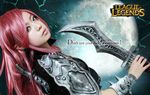  1girl blue_eyes cosplay dagger ekiholic katarina_du_couteau league_of_legends long_hair photo red_hair scar weapon 