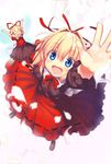  :d ^_^ arm_up blonde_hair blue_eyes blush closed_eyes from_above hair_ribbon kaiza_(rider000) looking_up medicine_melancholy open_mouth outstretched_arms petals ribbon smile solo su-san touhou 