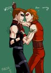  !? 2boys against_wall arsenal_(dc) dc_comics domino_mask dual_persona fingerless_gloves gloves male male_focus mask multiple_boys multiple_persona muscle orange_hair red_arrow riyan roy_harper selfcest sleeveless solo tattoo yaoi young_justice:_invasion 