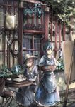  absurdres bad_id bad_pixiv_id blue_eyes blue_hair brown_hair brush bug butterfly dress flower hat highres insect mirror multiple_girls original pixiv pixiv-tan qianqian rose short_hair statue 