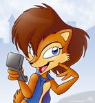 abstract_background anthro blue_eyes brown_fur brown_hair chipmunk female fur hair looking_at_viewer mammal open_mouth rodent sally_acorn sega signature solo sonic_(series) tobibrocki 
