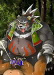  2016 anal anthro belly black_nose blush censored clothed clothing cum duo erection male male/male mammal mind_drive mizuse_higomaru moobs navel overweight overweight_male penis sakata_no_kintoki sengoku_puzzle sex tongue tongue_out ursine 