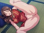  1girl breasts brown_hair censored china_dress chinese_clothes dress large_breasts long_hair lying miboujin_nikki mosaic_censoring on_floor on_side orcsoft presenting pubic_hair pussy smile solo sonomura_ayako spread_legs tatami widow 