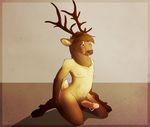  antlers brown_fur cervine cum dripping elk erection fur hinauchi hooves horn humanoid_penis kneeling male mammal nude penis pinup pose solo 