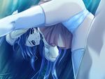  1girl blue_eyes blue_hair blush cg cosplay_alien from_behind game_cg long_hair panties shiori_hoshi underwear 