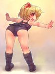  :d ass bent_over black_swimsuit blonde_hair blush boots fang hair_ribbon highres kneepits looking_at_viewer looking_back one-piece_swimsuit open_mouth outstretched_arms red_eyes ribbon rumia sankuma short_hair smile solo swimsuit touhou 