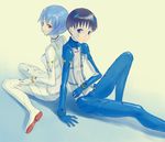  1girl ayanami_rei back-to-back bad_id bad_pixiv_id blue_eyes blue_hair bodysuit brown_eyes highres ikari_shinji looking_back megumi_(amekanha) neon_genesis_evangelion plugsuit red_eyes see-through short_hair simple_background sitting test_plugsuit wariza white_bodysuit 