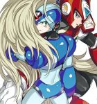  2boys android blonde_hair capcom commentary_request gloves green_eyes helmet long_hair looking_at_viewer looking_back male_focus multiple_boys rockman rockman_x smile very_long_hair white_background white_gloves x_(rockman) zakki zero_(rockman) 
