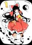  ascot bad_id bad_pixiv_id black_hair bow detached_sleeves gohei hair_bow hair_tubes hakurei_reimu highres lilylicious long_hair red_eyes scarf smile solo touhou wide_sleeves 