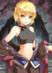  :d bad_id bad_pixiv_id bare_shoulders blonde_hair blush breasts covered_nipples green_eyes half_updo hasebe_yuusaku medium_breasts midriff mizuhashi_parsee navel off_shoulder open_mouth outstretched_arms pointy_ears short_hair sleeveless sleeveless_turtleneck smile solo touhou turtleneck underground undressing 