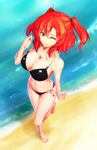  barefoot beach bikini breasts cleavage coin hair_bobbles hair_ornament large_breasts one_eye_closed onozuka_komachi outdoors red_eyes red_hair side-tie_bikini smile solo standing standing_on_one_leg strap_gap swimsuit totosu touhou two_side_up water 