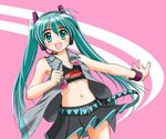  aqua_eyes aqua_hair bracelet goodsmile_company hatsune_miku headset ikawa_kanoya jewelry long_hair midriff navel open_mouth outstretched_arm panties pantyshot skirt solo striped striped_panties twintails underwear vocaloid 