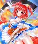  at_classics blush breasts cleavage collarbone covered_nipples flower frills hair_bobbles hair_ornament large_breasts onozuka_komachi panties red_eyes sample scythe short_hair side-tie_panties solo spider_lily touhou traditional_media two_side_up underwear upskirt weapon white_panties 