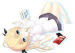  absurdres bare_shoulders blonde_hair blue_eyes cellphone dress_shirt earphones food hair_ribbon highres lying manga_(object) mouth_hold on_back original phone pocky ribbon saku_(kudrove) shirt single_earphone_removed skirt smartphone solo twintails upside-down 