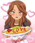  blush brown_eyes brown_hair dress female food gradient gradient_background heart highres inazuma_eleven inazuma_eleven_(series) long_hair looking_at_viewer open_mouth raimon_natsumi solo standing 