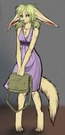 ajna canine dress ears_down female fennec fox green_eyes looking_at_viewer shy solo 