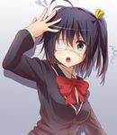  1girl :o ahoge anti_(untea9) arm_up blue_eyes blue_hair blush bow chuunibyou_demo_koi_ga_shitai! eyepatch hair_ornament one_side_up open_mouth school_uniform short_hair solo sweatdrop takanashi_rikka 