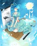  bad_id bad_pixiv_id bamboo_scroll blue_eyes blue_hair breasts bug butterfly cleavage dress flower hair_ornament hair_rings hair_stick hanging_scroll highres insect kaku_seiga kneeling lantern medium_breasts nutoa open_mouth pagoda petals raft scroll solo touhou vest 