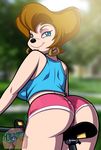  big_butt bike black_nose blue_eyes breasts brown_hair butt clothing disney ear_piercing eyeshadow fabio_paulino female goof_troop hair looking_at_viewer looking_back makeup milf mother peg_pete piercing shorts side_boob smile 