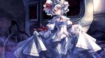  ascot blue_hair carriage curtsey dress gloves hat highres looking_at_viewer md5_mismatch red_eyes remilia_scarlet short_hair skade solo touhou white_gloves wings 