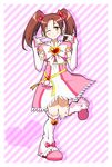  aczhalz blush boots brown_eyes brown_hair cosplay earrings futari_wa_precure hair_ribbon heart jewelry knee_boots minna-dietlinde_wilcke one_eye_closed precure ribbon seiyuu_connection shiny_luminous shiny_luminous_(cosplay) solo strike_witches tanaka_rie twintails world_witches_series 