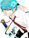  ao_no_exorcist blue_eyes blue_hair fire katana okumura_rin sword tail tie uniform weapon 
