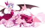  bad_id bad_pixiv_id bat_wings blue_hair dress hat hat_ribbon highres holding large_wings looking_at_viewer red_eyes remilia_scarlet ribbon solo spear_the_gungnir touhou umeko_(koori_ume) wings wrist_cuffs 