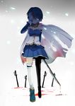  blood blue blue_eyes blue_hair cape dripping duplicate hand_over_eye mahou_shoujo_madoka_magica miki_sayaka one_eye_covered pun2 short_hair solo sword tears thighhighs torn_cape weapon 