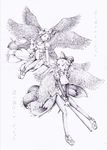  2girls angel bodysuit broom female highres kyoukai_senjou_no_horizon kyoukaisenjou_no_horizon malga_naruze margot_knight monochrome multiple_girls wings 