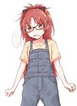  alternate_costume bespectacled blush bow casual fang glasses hair_bow long_hair mahou_shoujo_madoka_magica open_mouth overalls red_eyes red_hair ryuunosuke_(luckyneco) sakura_kyouko solo sweat wide_ponytail 